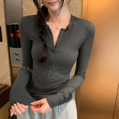 Chic Henley Shirt Slim Fit Inner Layer Top for Women