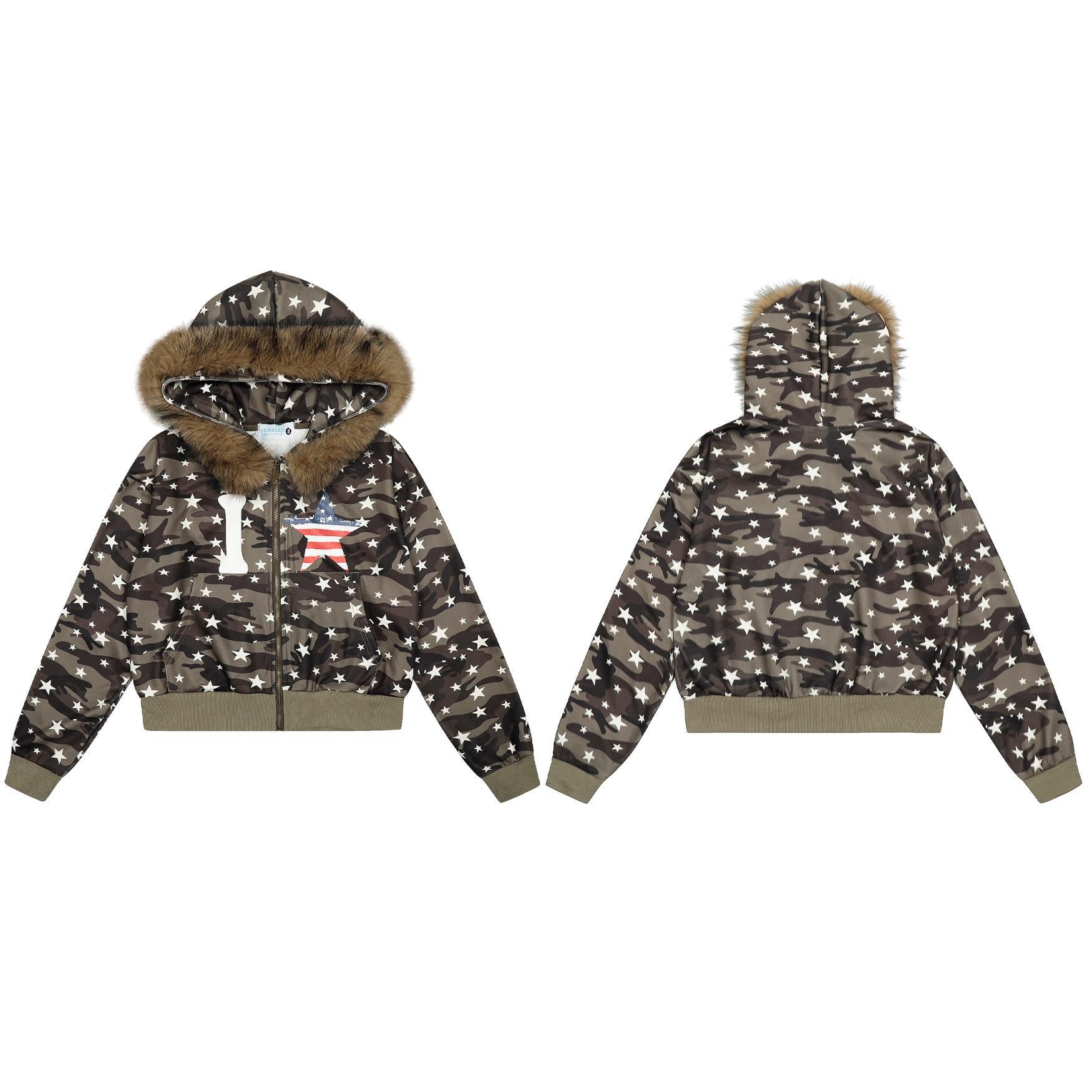 Camouflage star fur collar hooded sweatshirt short hoodie jacket
