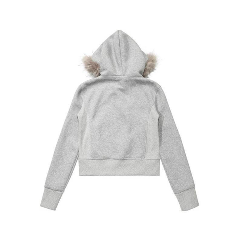 Hoodie with Zipper and Faux Fur Collar
