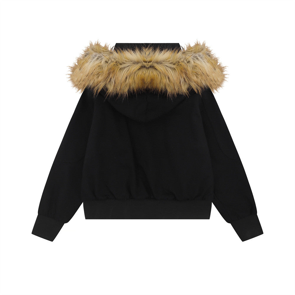 Letter Embroidery Detachable Fur Collar Hoodie  Deconstructed Design Loose Outerwear