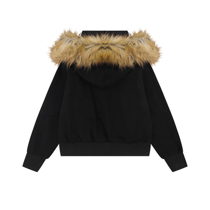 Letter Embroidery Detachable Fur Collar Hoodie  Deconstructed Design Loose Outerwear