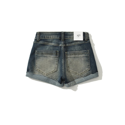 Shorts de mezclilla vintage desgastados de doble capa con bajo y tiro bajo en línea A