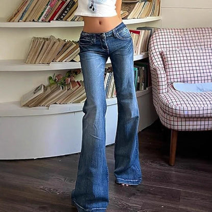 Street Style Low-Waist Flared Jeans, Slim Fit Stretch Denim Pants Long Pants