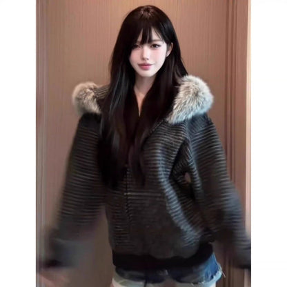Retro Striped Hooded Fur-Collar Coat for Men and Women,  Casual Loose Hoodie Cardigan