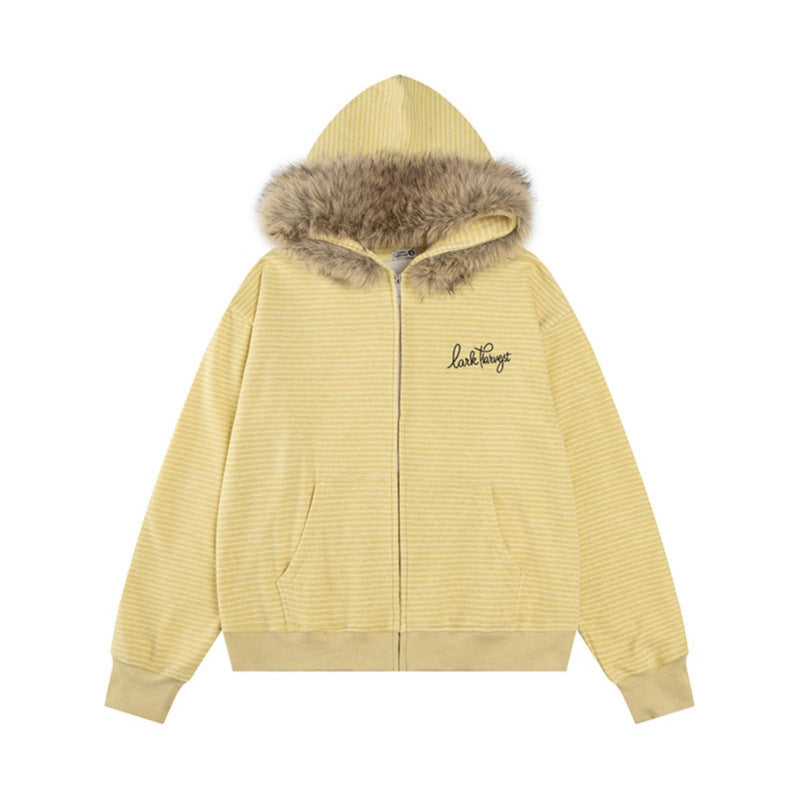 Stripe Detachable Fur Collar Zip-Up Hoodie, Couple Hooded Sweatshirt