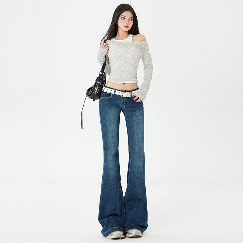 Retro Spicy Girl Flared Jeans Women Low Waist Slim Fit Elasticity Leggings Wide Leg Trumpet Pants