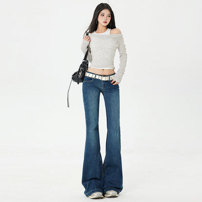 Vaqueros retro acampanados de mujer, tiro bajo, corte ajustado, elásticos, tipo leggings, pata ancha, trompeta