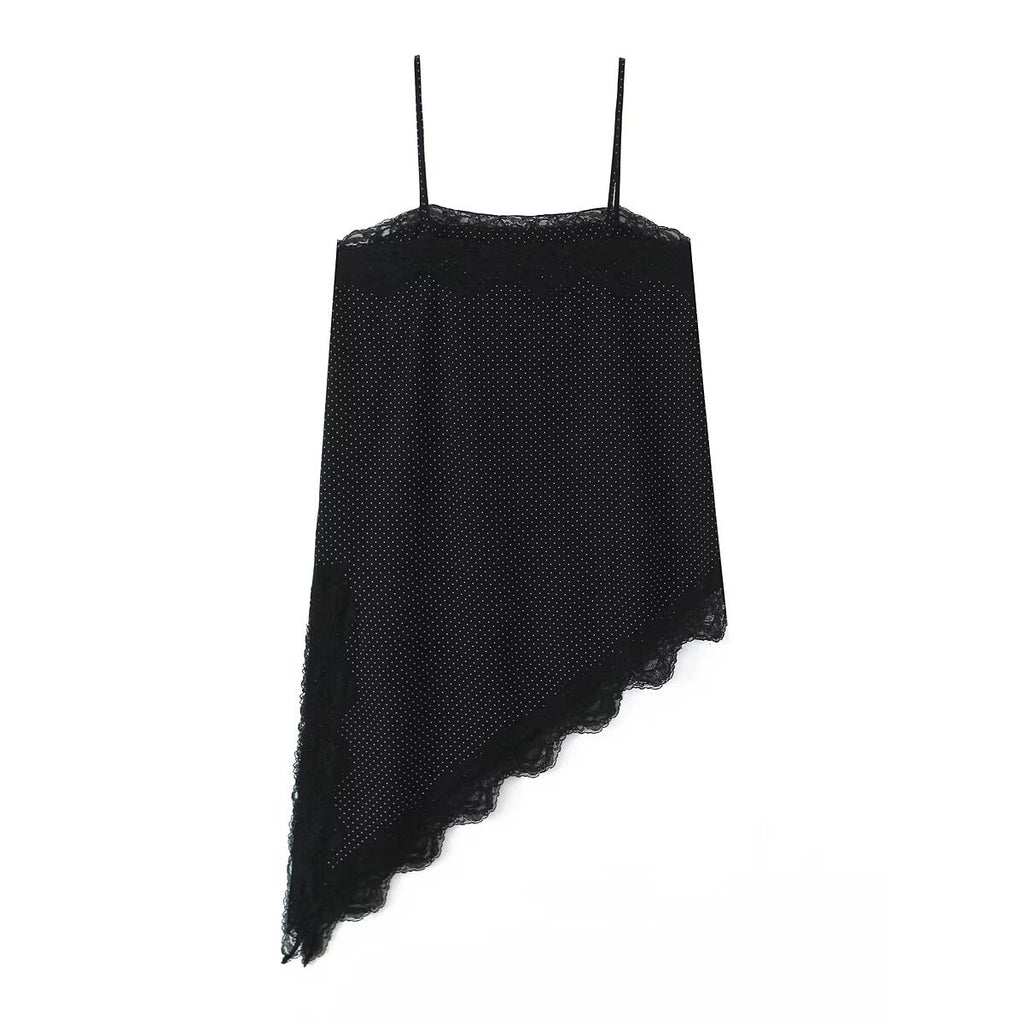 asymmetrical suspender top with polka dots