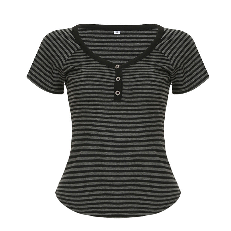 Striped V-neck short sleeved T-shirt