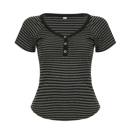 Striped V-neck short sleeved T-shirt