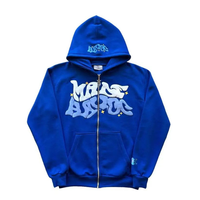 Sudadera con capucha y cremallera con estampado digital, estilo streetwear, Y2K, gótico, punk, hip-hop
