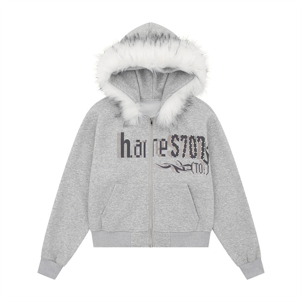Sudadera con capucha y cuello de piel desmontable Estampado de letras con remaches decorativos
