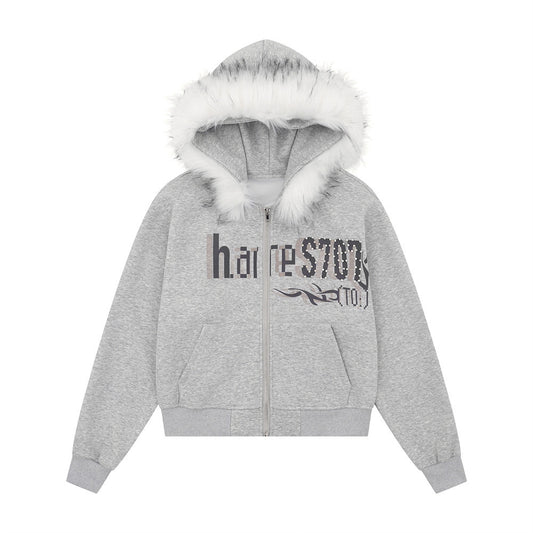 Sudadera con capucha y cuello de piel desmontable Estampado de letras con remaches decorativos