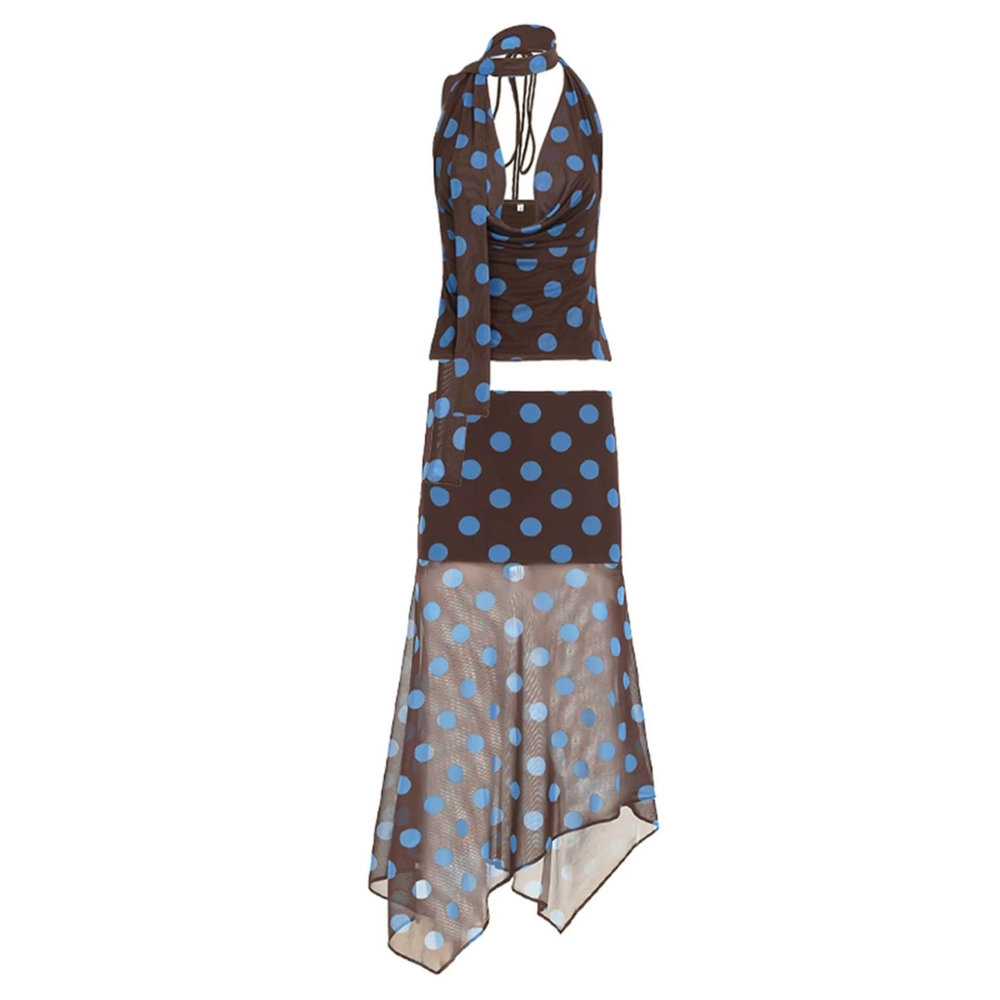 Conjunto de top halter retro de lunares y falda irregular de lunares