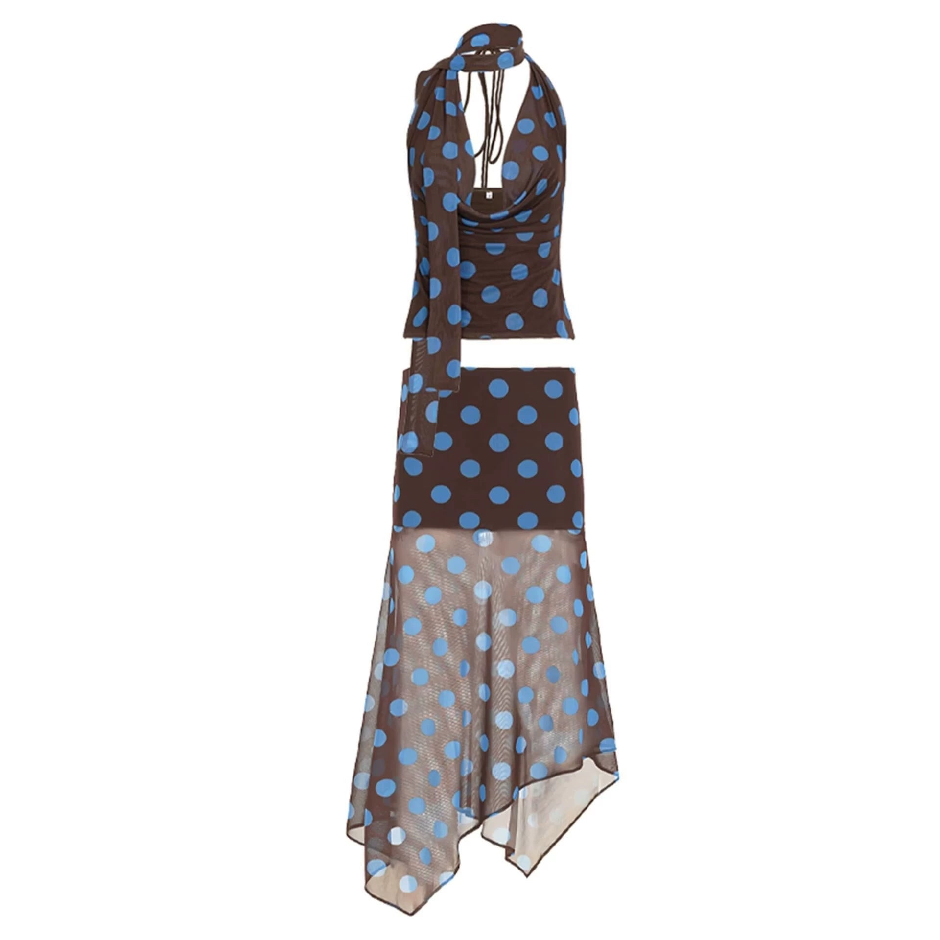 Polka dot retro halter top+polka dot irregular skirt set