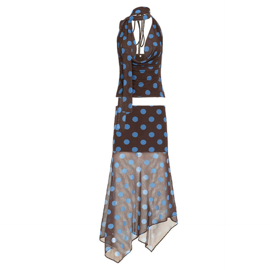 Conjunto de top halter retro de lunares y falda irregular de lunares