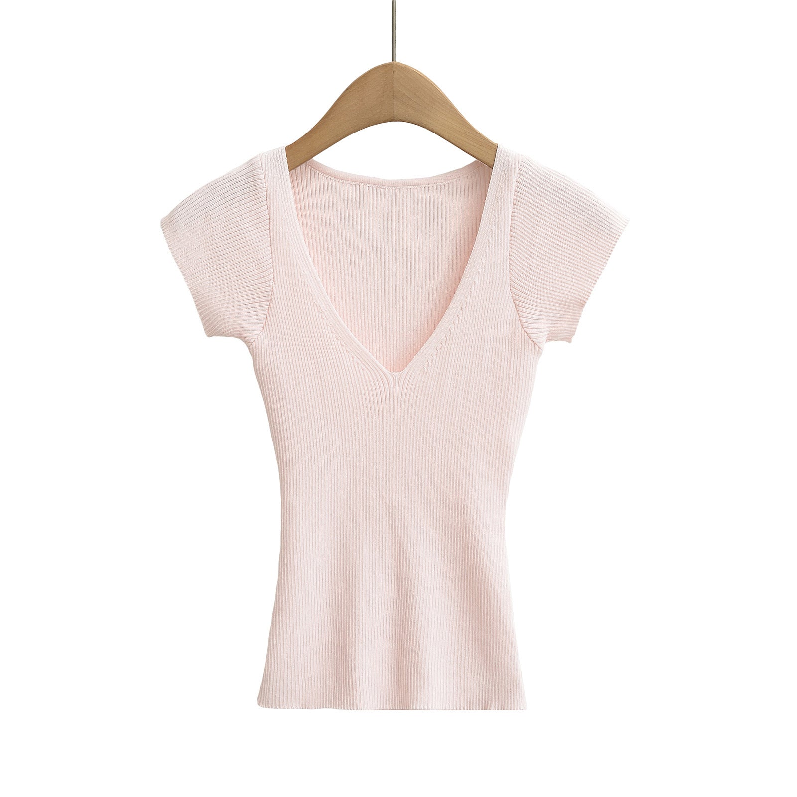 Deep V-Neck Short Sleeve Elastic Waist Slim Knit Top
