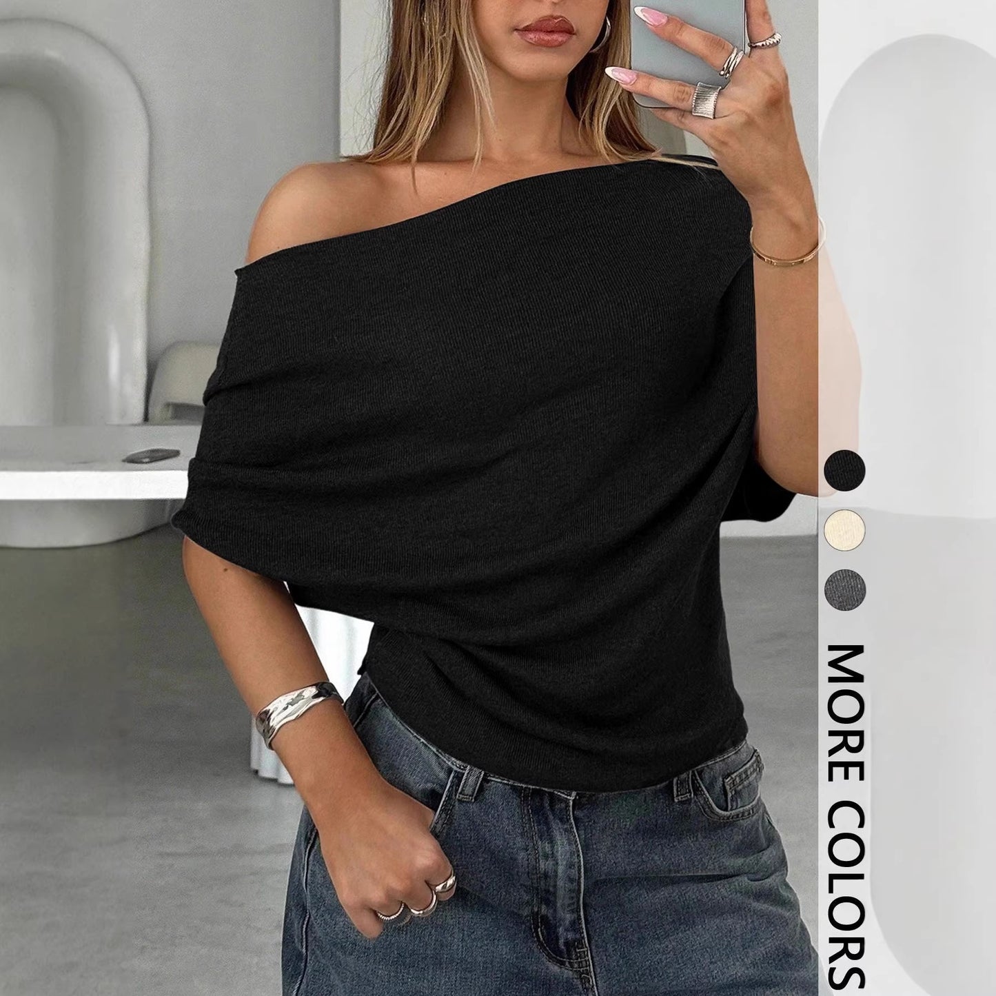 Sexy Single Shoulder Fitted Batwing Sleeve Top