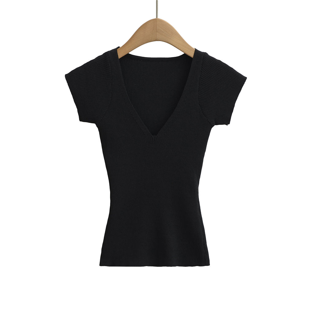 Deep V-Neck Short Sleeve Elastic Waist Slim Knit Top