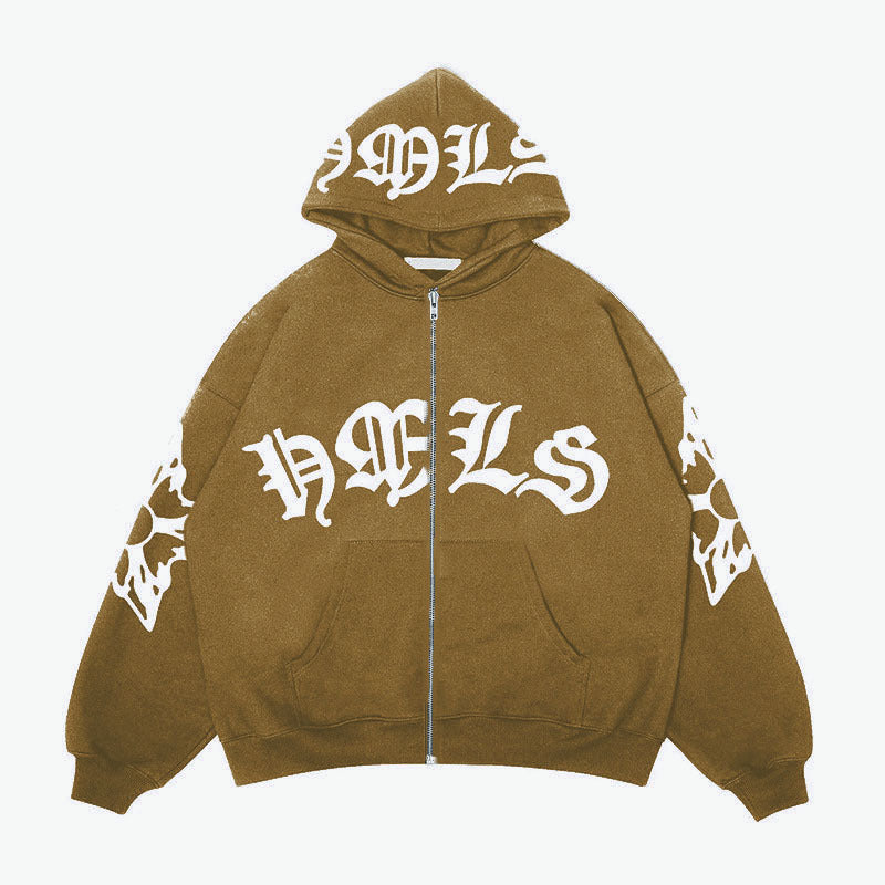 Sudadera con capucha y cremallera, letras góticas estampadas, sudadera con capucha oversize