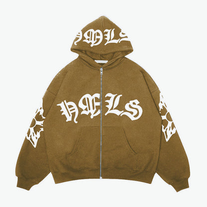 Sudadera con capucha y cremallera, letras góticas estampadas, sudadera con capucha oversize