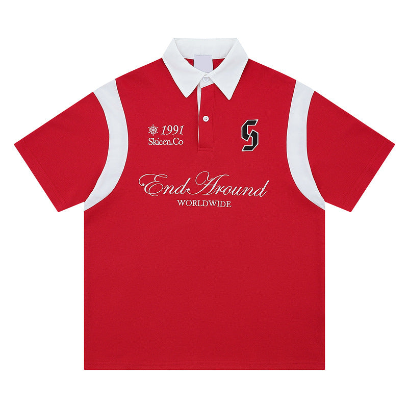 Retro Campus Color Block Short Sleeve Polo Shirt  Grid Breathable