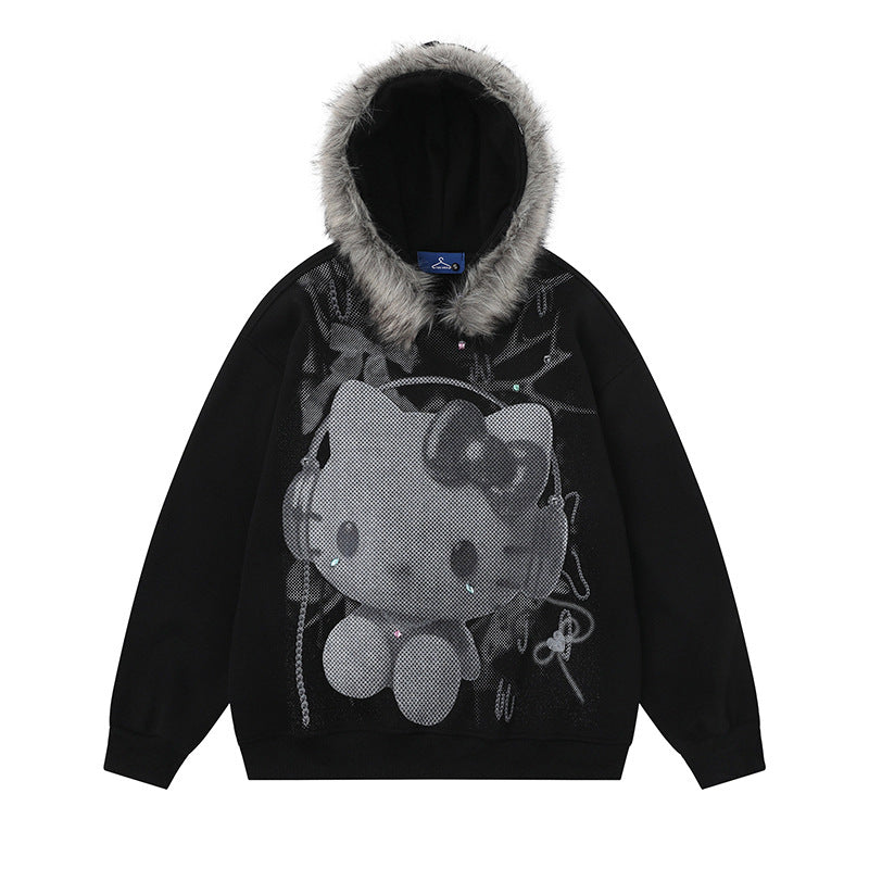 Faux Fur Hooded Sweatshirt Unisex Oversized Hoodie with Lining