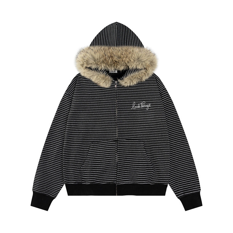 Sudadera con capucha y cremallera con cuello de piel desmontable a rayas, sudadera con capucha para pareja
