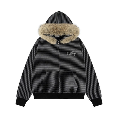 Sudadera con capucha y cremallera con cuello de piel desmontable a rayas, sudadera con capucha para pareja