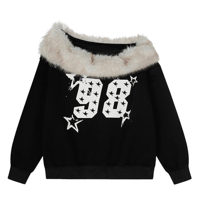 Digital Print Faux Fur Collar Shoulder Hoodie Casual Loose Oversized Short
