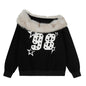Digital Print Faux Fur Collar Shoulder Hoodie Casual Loose Oversized Short