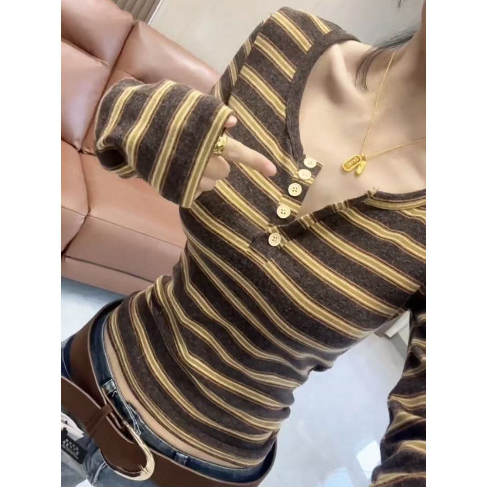 Cashmere Ribbed Henley Neck Buttoned Long Sleeve T-Shirt