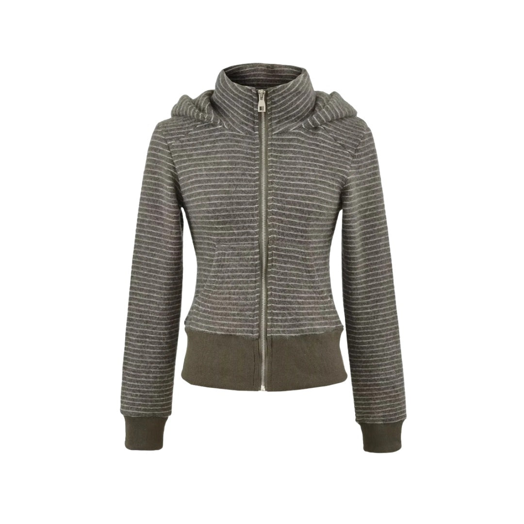 Retro Stripe Hooded Zip-Up Jacket for Women, Fuzzy Pocket, Stretchy Slim Fit Cardigan Top