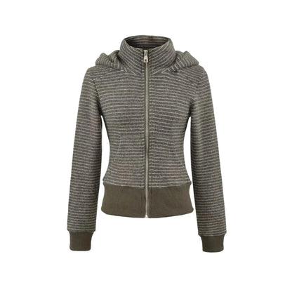 Retro Stripe Hooded Zip-Up Jacket for Women, Fuzzy Pocket, Stretchy Slim Fit Cardigan Top