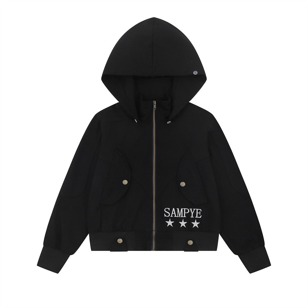 Letter Embroidery Detachable Fur Collar Hoodie  Deconstructed Design Loose Outerwear