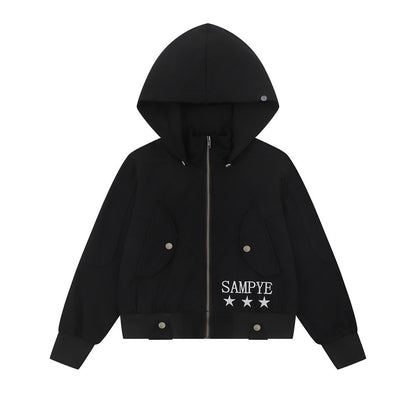 Letter Embroidery Detachable Fur Collar Hoodie  Deconstructed Design Loose Outerwear