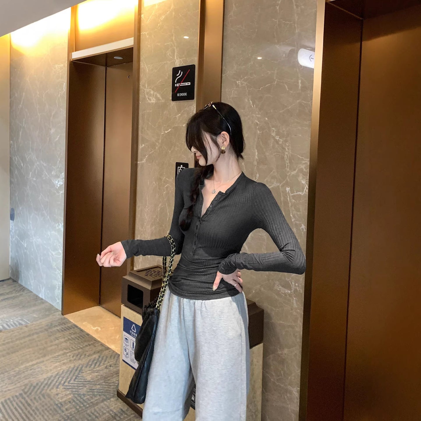 Chic Henley Shirt Slim Fit Inner Layer Top for Women