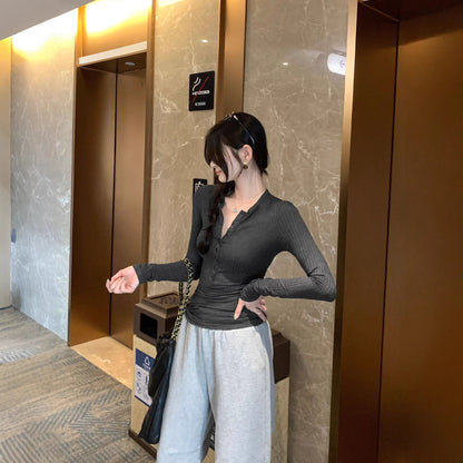 Chic Henley Shirt Slim Fit Inner Layer Top for Women