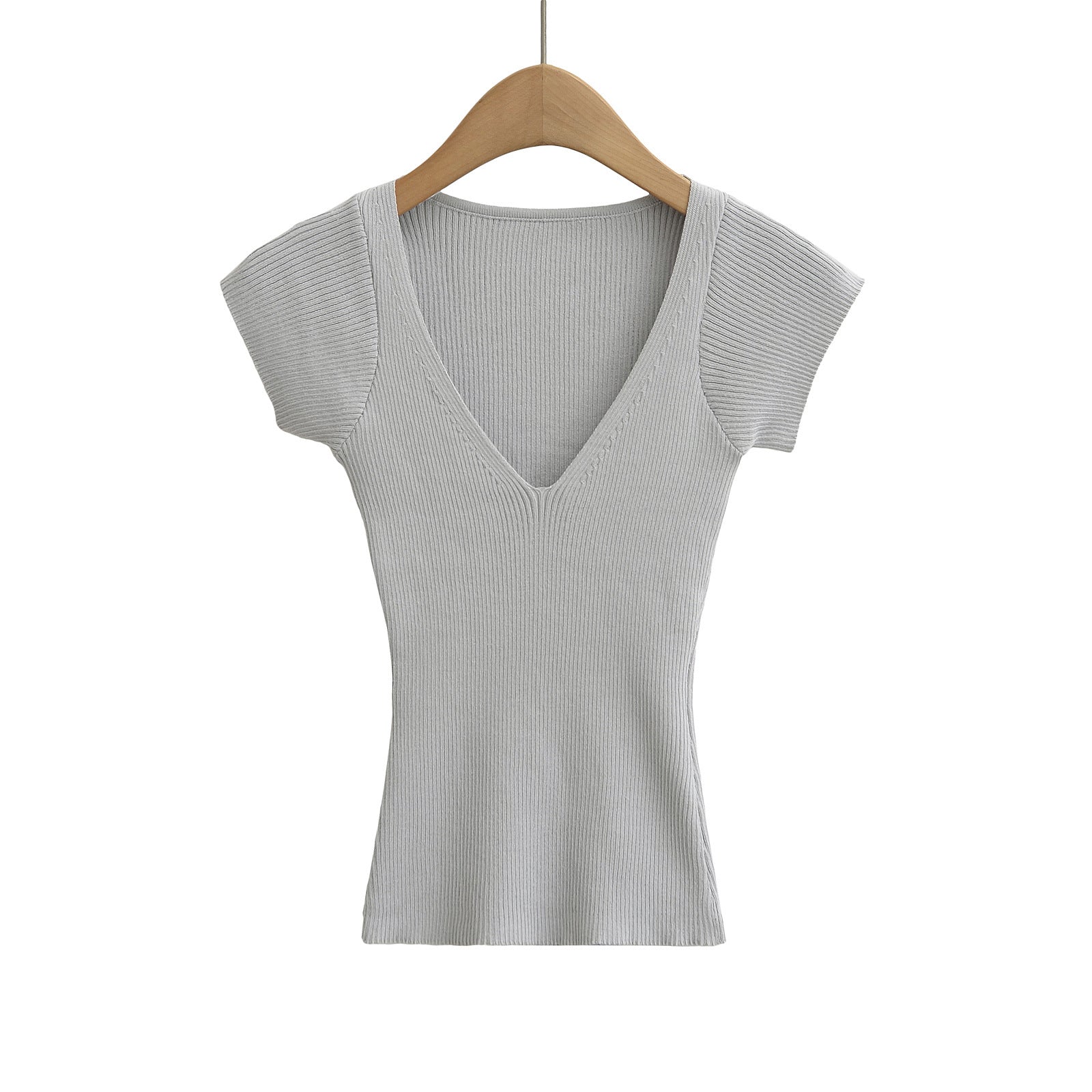 Deep V-Neck Short Sleeve Elastic Waist Slim Knit Top