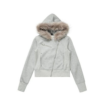 Hoodie with Zipper and Faux Fur Collar