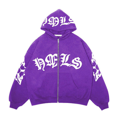 Sudadera con capucha y cremallera, letras góticas estampadas, sudadera con capucha oversize