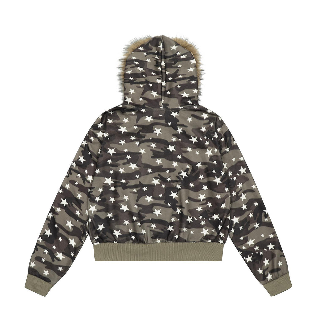 Camouflage star fur collar hooded sweatshirt short hoodie jacket
