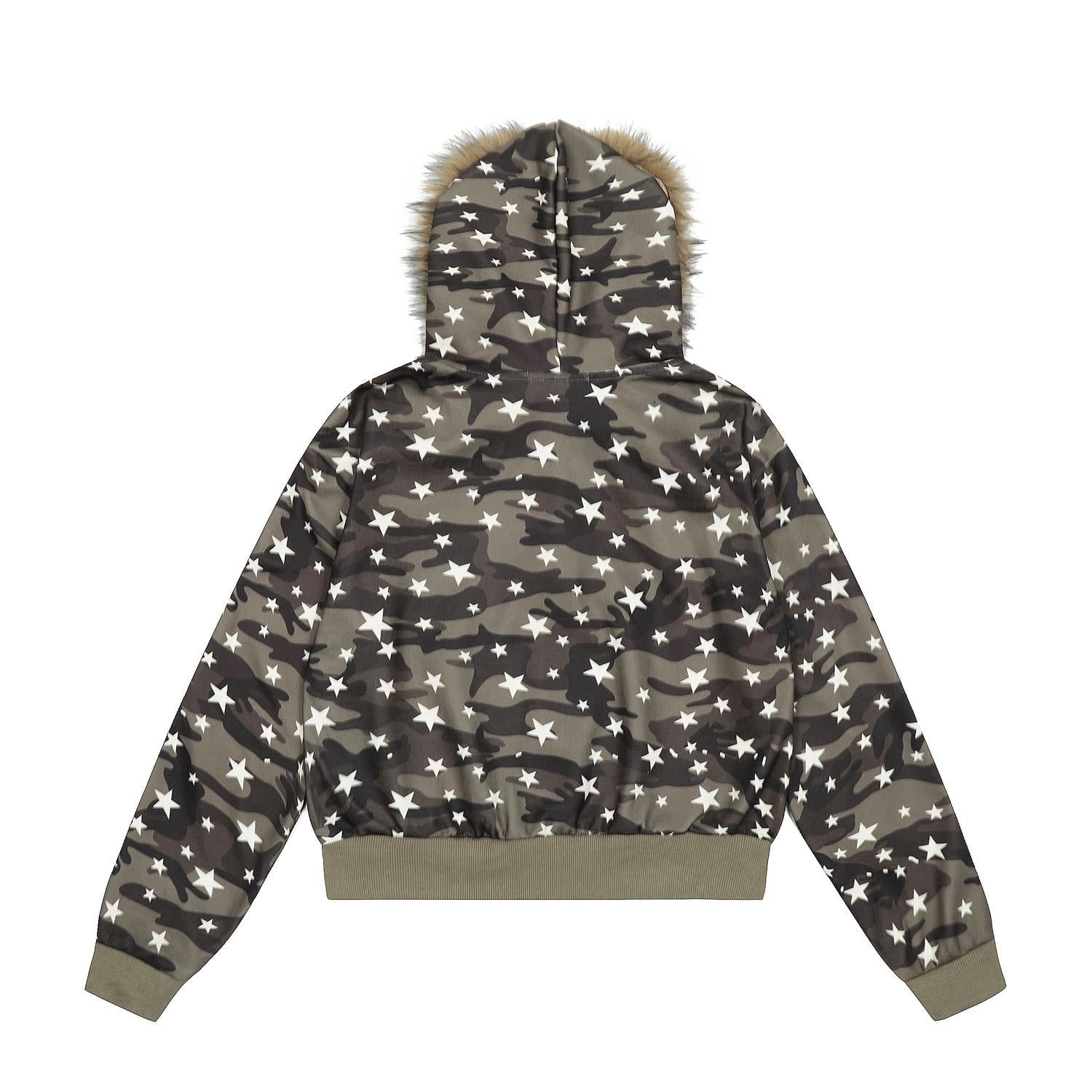 Camouflage star fur collar hooded sweatshirt short hoodie jacket