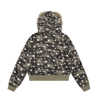 Camouflage star fur collar hooded sweatshirt short hoodie jacket