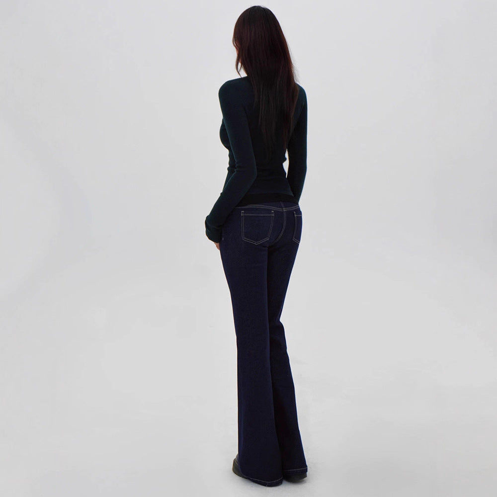 Low-Waist Original Color Straight Leg Flared Denim Jeans with Stretch,  Waist-Defining Long Pants