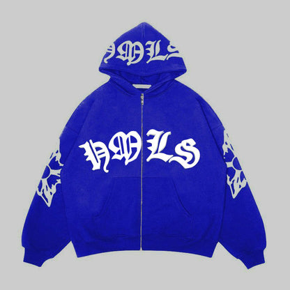 Sudadera con capucha y cremallera, letras góticas estampadas, sudadera con capucha oversize