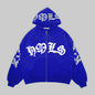 Sudadera con capucha y cremallera, letras góticas estampadas, sudadera oversize