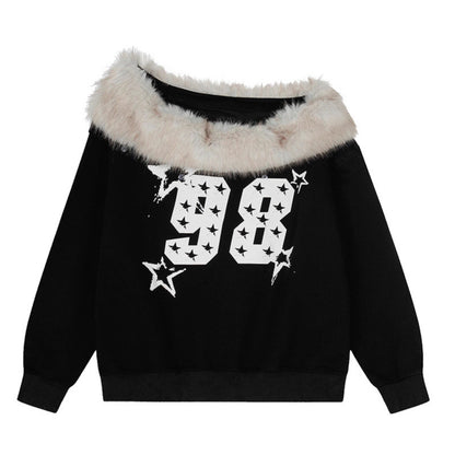 Digital Print Faux Fur Collar Shoulder Hoodie Casual Loose Oversized Short