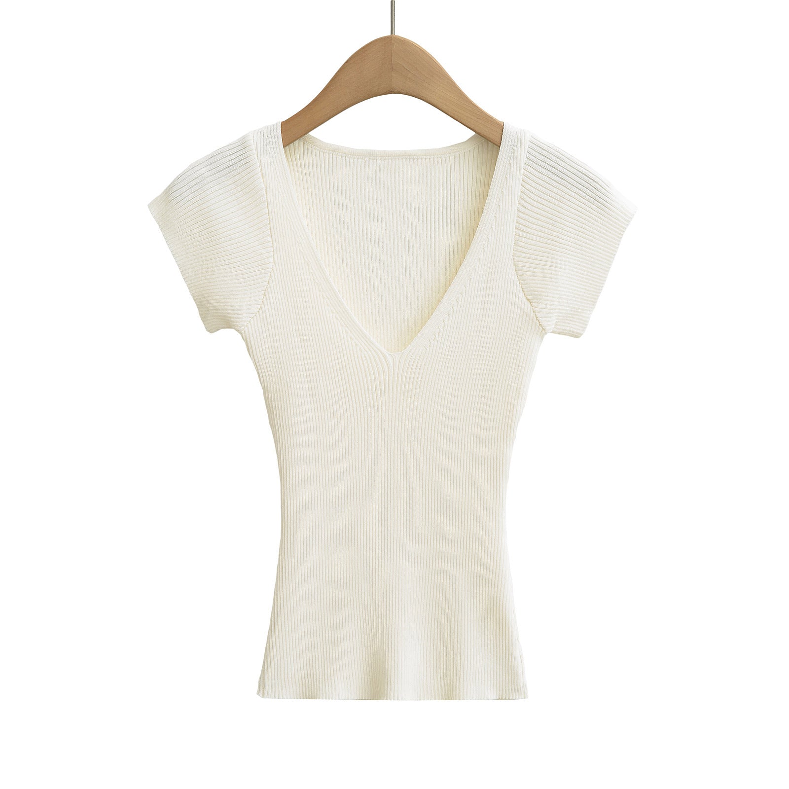 Deep V-Neck Short Sleeve Elastic Waist Slim Knit Top