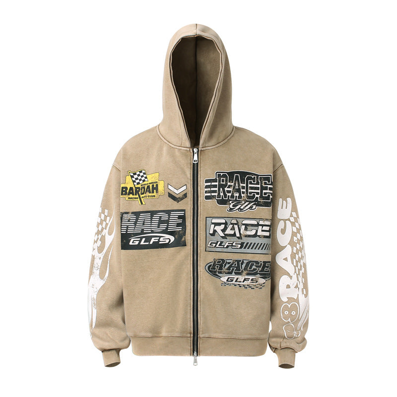 Sudadera con capucha y cremallera con eslogan Retro Racing, estilo casual, talla grande, para pareja